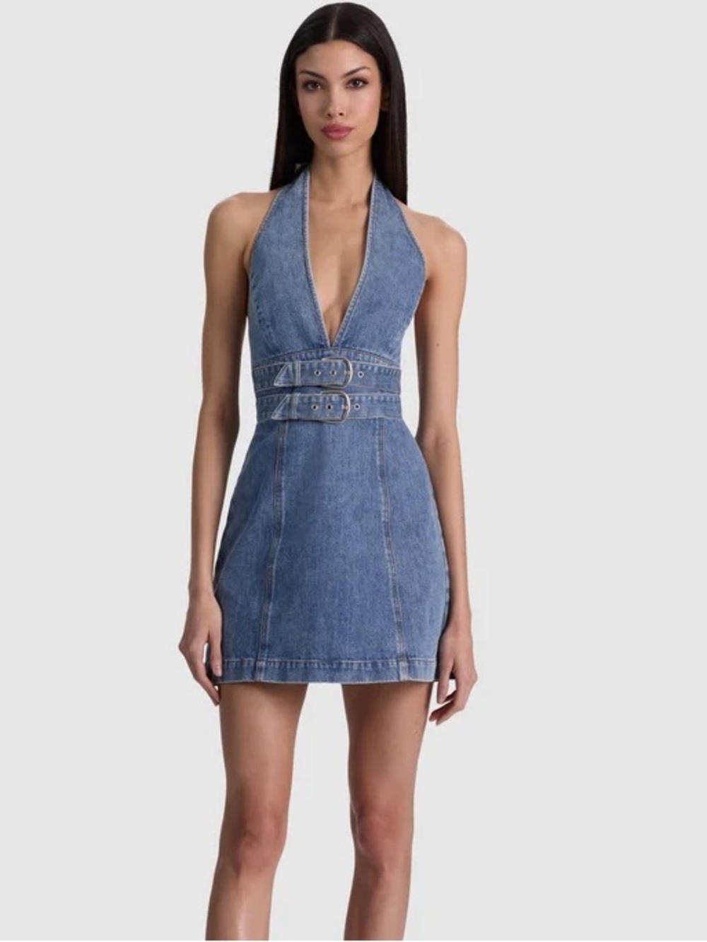 Alice + Olivia SOLANA BUCKLE DENIM HALTER MINI DRESS
